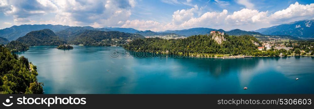 Slovenia - Panorama Aerial view resort Lake Bled. Aerial FPV drone photography.