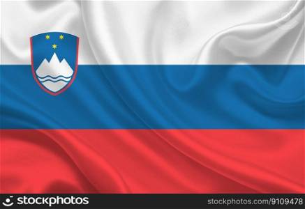Slovenian country flag on wavy silk fabric background panorama - illustration. Slovenian country flag on wavy silk fabric background panorama