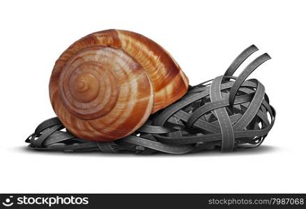 Slow direction business concept as a group of roads shaped as a slow moving snail as a metaphor for traffic delays in a bind or sluggish financial guidance and advice.