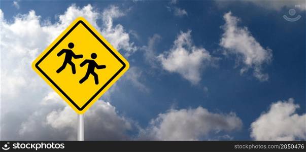 Slow down, school children playing. road sign on blue Sky. Traffic yellow rhombus signs board. Flat vector pictogram. Stop warning caution signal icon. Kids or child play zone or area