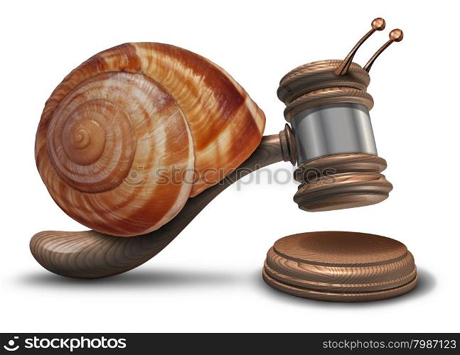 Slow justice law concept as a gavel or mallet shaped as a sluggish snail shell hitting a sounding block as a symbol of problems with legal system sentencing delays and lagging political legislation.