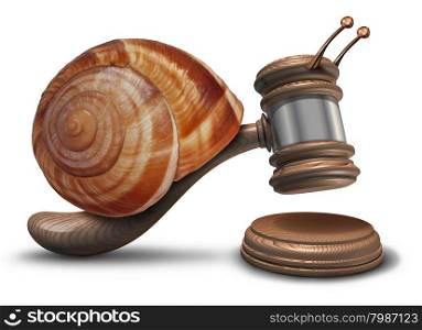 Slow justice law concept as a gavel or mallet shaped as a sluggish snail shell hitting a sounding block as a symbol of problems with legal system sentencing delays and lagging political legislation.