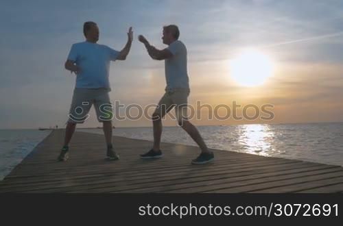 Slow moion of young and mature man having boxing workout on the pier at sunset. Checking the reaction