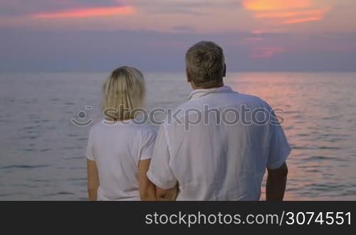 Slow motion of a mature couple turning, embracing each other and looking to the camera on background of sea and sky at sunset
