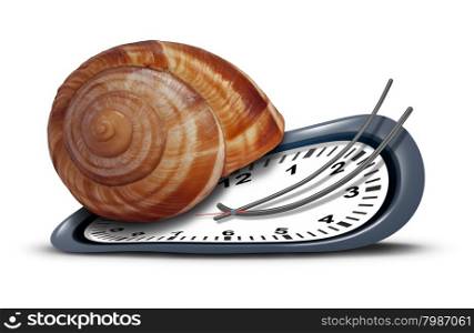 Slow service concept as a time clock with a shell shaped as a snail as a metaphor for procrastination and leisurely customer service or being tired and sleepy symbol on a white background.