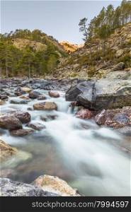 Slow shutter image of the Asco river as it passes though the Asco valley in Corsica with colourful boulders in foreground and pine trees in the background