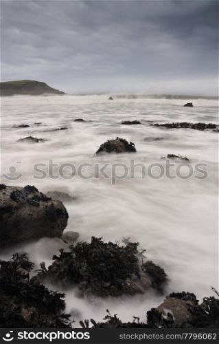 Slow shutter seascape. View from Greenaway beach cornwall to Stepper Point.