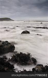 Slow shutter seascape. View from Greenaway beach cornwall to Stepper Point.
