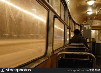 Slow shutter speed photo inside old Warsaw Tram.