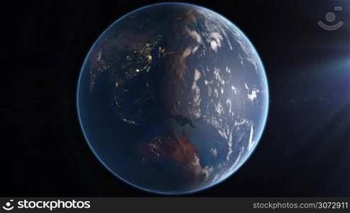 Slowly Rotating Earth 360, Seamless Looping. Extremely detailed image, including elements furnished by NASA. 3d animation with some light sources, reflections and post-processing. Earth maps courtesy of NASA.