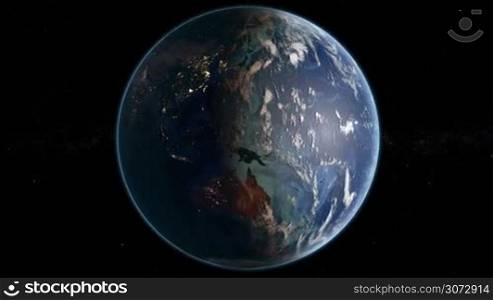 Slowly Rotating Earth 360, Seamless Looping. Extremely detailed image, including elements furnished by NASA. 3d animation with some light sources, reflections and post-processing. Earth maps courtesy of NASA