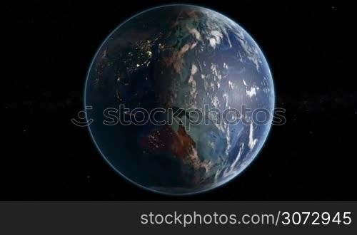 Slowly Rotating Earth 360, Seamless Looping. Extremely detailed image, including elements furnished by NASA. 3d animation with some light sources, reflections and post-processing. Earth maps courtesy of NASA.