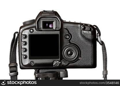 SLR camera isolated on white background, with empty screen