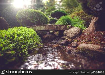 Smale stone bridge in a spiritual garden in Japan