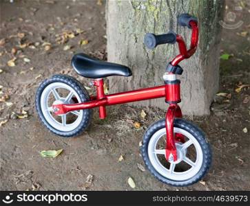 Small bike for little children resting on a log