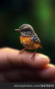 Small Bird Perched on a Person’s Finger. Generative ai. High quality illustration. Small Bird Perched on a Person’s Finger. Generative ai