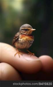 Small Bird Perched on a Person’s Finger. Generative ai. High quality illustration. Small Bird Perched on a Person’s Finger. Generative ai