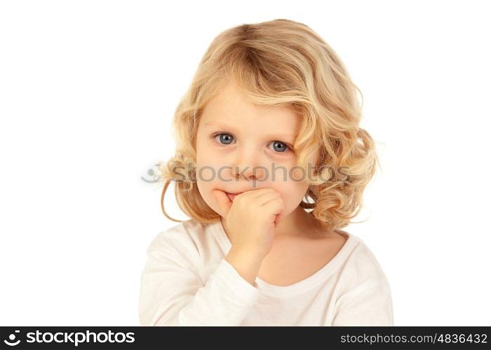 Small blond child bitting his nails isolated ona white background