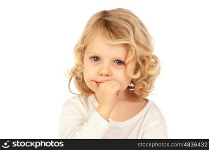 Small blond child bitting his nails isolated ona white background