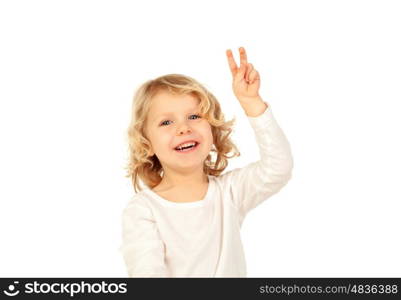 Small blond child doing victory sign with his fingers isolated on white background