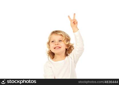 Small blond child doing victory sign with his fingers isolated on white background