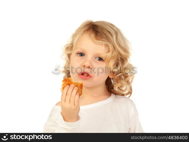 Small blond child eating a croissant isolated on a white background