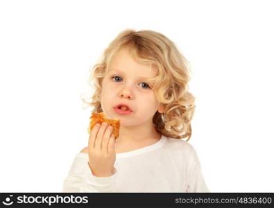 Small blond child eating a croissant isolated on a white background