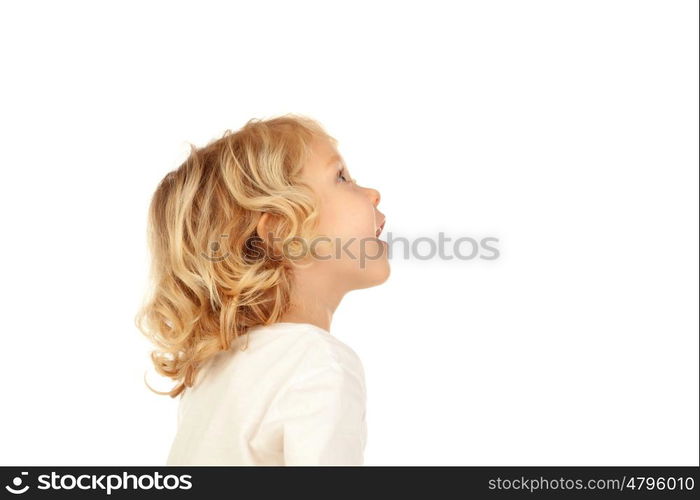 Small blond child imagining something isolated on a white background