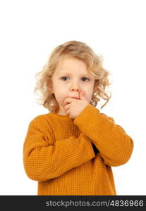 Small blond child imagining something isolated on a white background