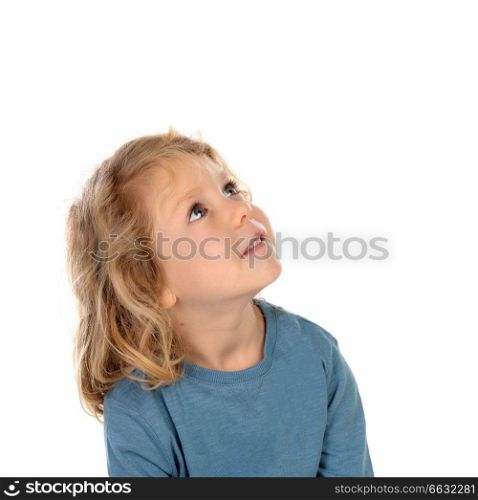 Small blond child imagining something isolated on a white background