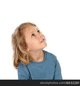 Small blond child imagining something isolated on a white background