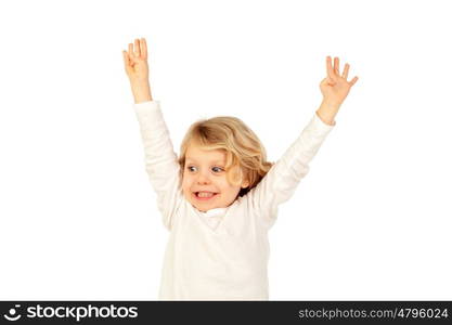 Small blond child raising his arms isolated on a white background