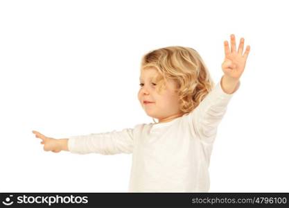 Small blond child raising his arms isolated on a white background