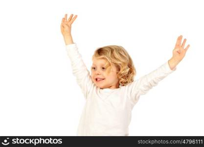 Small blond child raising his arms isolated on a white background