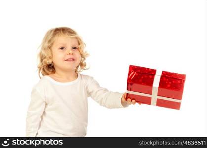 Small blond child with a red present isolate on a white background