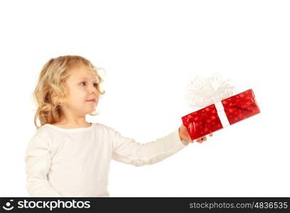 Small blond child with a red present isolate on a white background