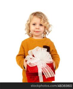 Small blond child with a red present isolated on a white background