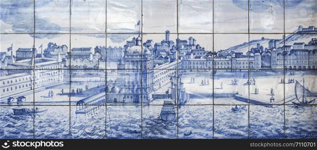 Small blue and white tiles panel depicting the ?Terreiro do Paco? and the old city before the 1755 earthquake in Alecrim Street, Lisbon, Portugal
