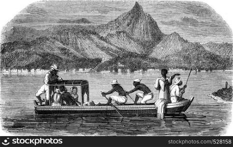 Small boat passing through Rio de Janeiro, vintage engraved illustration. Magasin Pittoresque 1847.