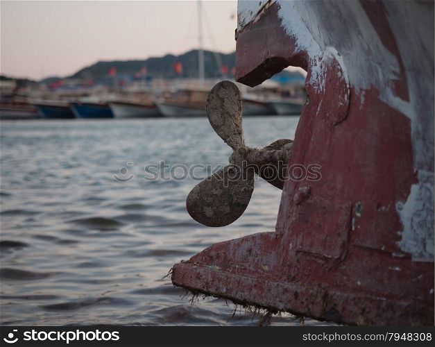 Small boat propeller in harbour in Turkey