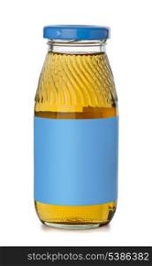 Small bottle of apple juice with blank blue label isolated on white