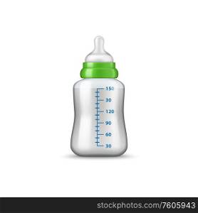 Small bottle of milk on 150 ml isolated dairy food. Vector plastic or glass nursing feeding bottle. Feeding bottle with pacifier isolated milk food
