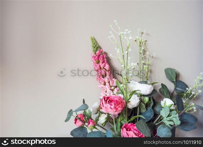 Small Bouquet of pink Flowers, Grey Cement Wall Background. Styled Stock Image Mockup for Text Artwork Quotes Lettering Website Banner Template. Easter Mother&rsquo;s Day colorful. Small Bouquet of pink Flowers, Grey Cement Wall Background. Styled Stock Image Mockup for Text Artwork Quotes Lettering Website Banner Template. Easter Mother&rsquo;s Day