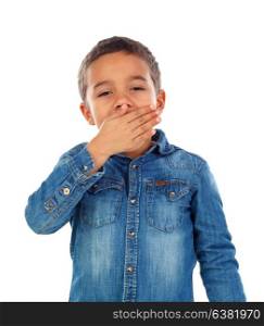 Small boy covering his mouth isolated on a white background