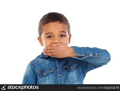 Small boy covering his mouth isolated on a white background