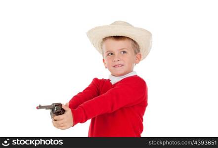 Small boy playing with a gun isolated on white background