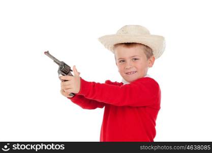 Small boy playing with a gun isolated on white background