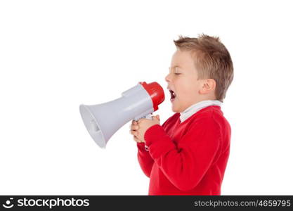 Small boy shouting through a megaphone isolated on white background&#xA;