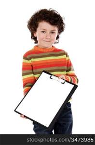 Small boy with clipboard over white background