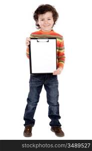 Small boy with clipboard over white background